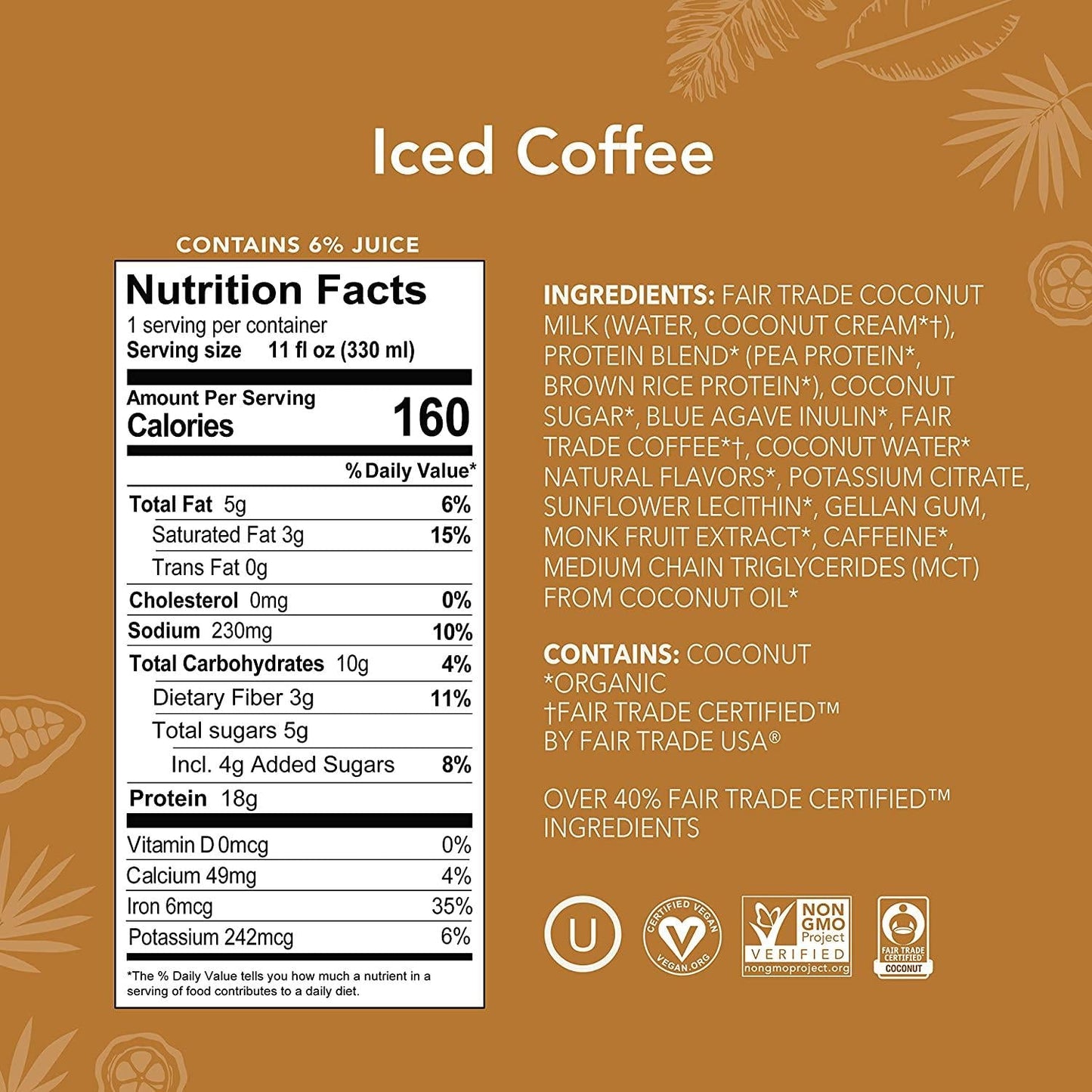 ALOHA Organic Plant Based Iced Coffee Ready to Drink Protein Shake with MCT Oil (12 Count, 11oz) 18g Protein, Low Sugar, Gluten Free, Paleo, Low Carb, Non-GMO, Soy Free, Stevia Free, Sugar Alcohol Free