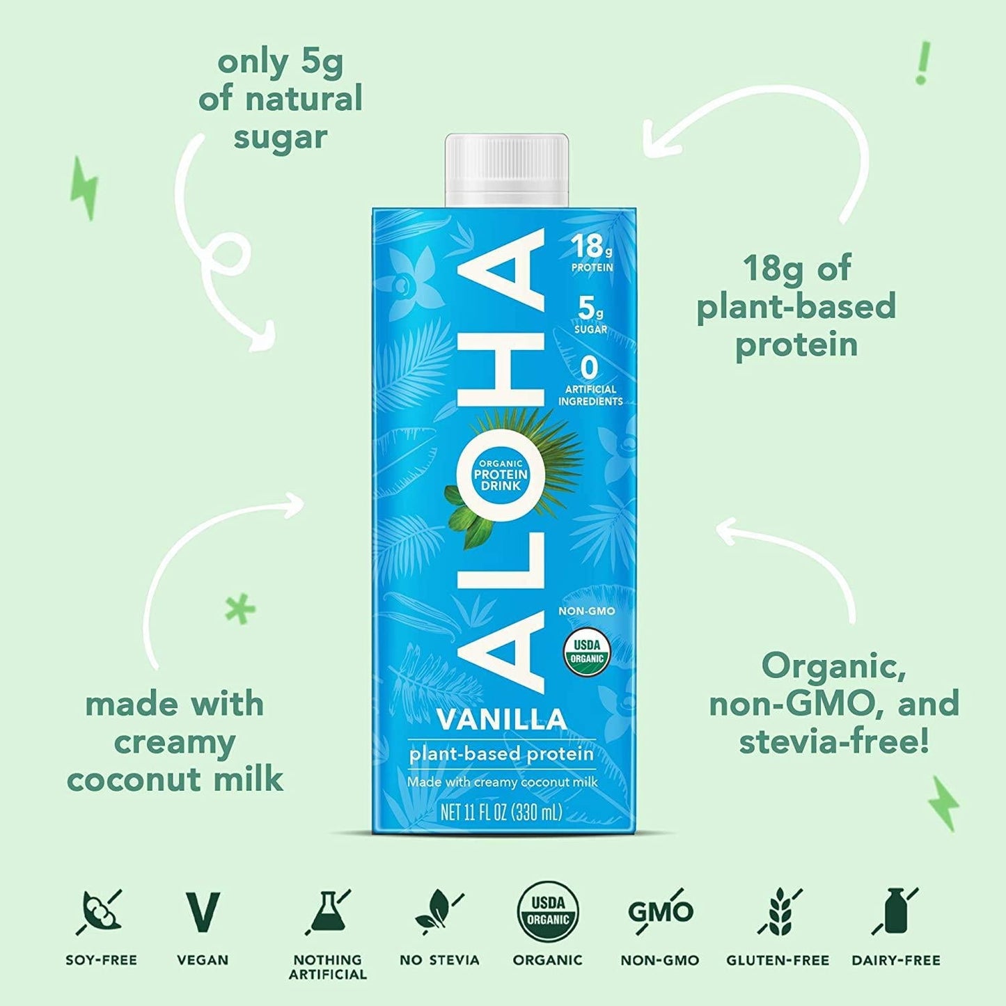 ALOHA Organic Plant Based Vanilla Protein Shake with MCT Oil (4 Count, 11oz) 18g Protein, Low Sugar, Gluten Free, Paleo, Low Carb, Non-GMO, Soy Free, Stevia Free, Sugar Alcohol Free