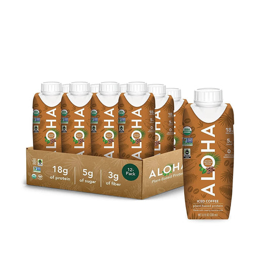 ALOHA Organic Plant Based Iced Coffee Ready to Drink Protein Shake with MCT Oil (12 Count, 11oz) 18g Protein, Low Sugar, Gluten Free, Paleo, Low Carb, Non-GMO, Soy Free, Stevia Free, Sugar Alcohol Free