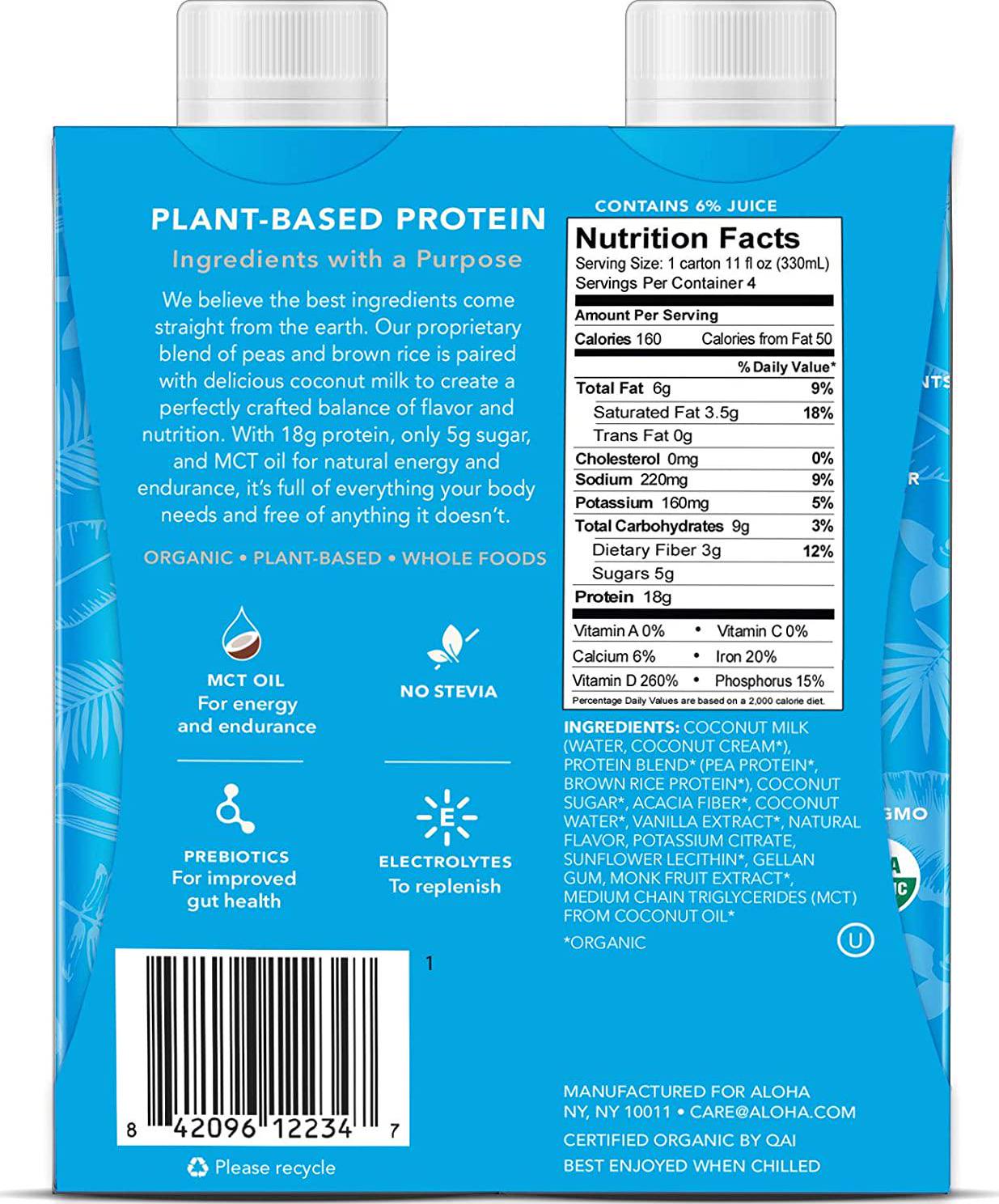 ALOHA Organic Plant Based Vanilla Protein Shake with MCT Oil (4 Count, 11oz) 18g Protein, Low Sugar, Gluten Free, Paleo, Low Carb, Non-GMO, Soy Free, Stevia Free, Sugar Alcohol Free