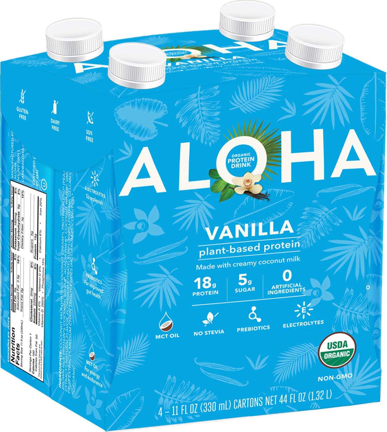 ALOHA Organic Plant Based Vanilla Protein Shake with MCT Oil (4 Count, 11oz) 18g Protein, Low Sugar, Gluten Free, Paleo, Low Carb, Non-GMO, Soy Free, Stevia Free, Sugar Alcohol Free