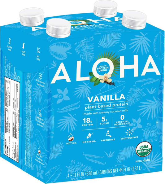 ALOHA Organic Plant Based Vanilla Protein Shake with MCT Oil (4 Count, 11oz) 18g Protein, Low Sugar, Gluten Free, Paleo, Low Carb, Non-GMO, Soy Free, Stevia Free, Sugar Alcohol Free