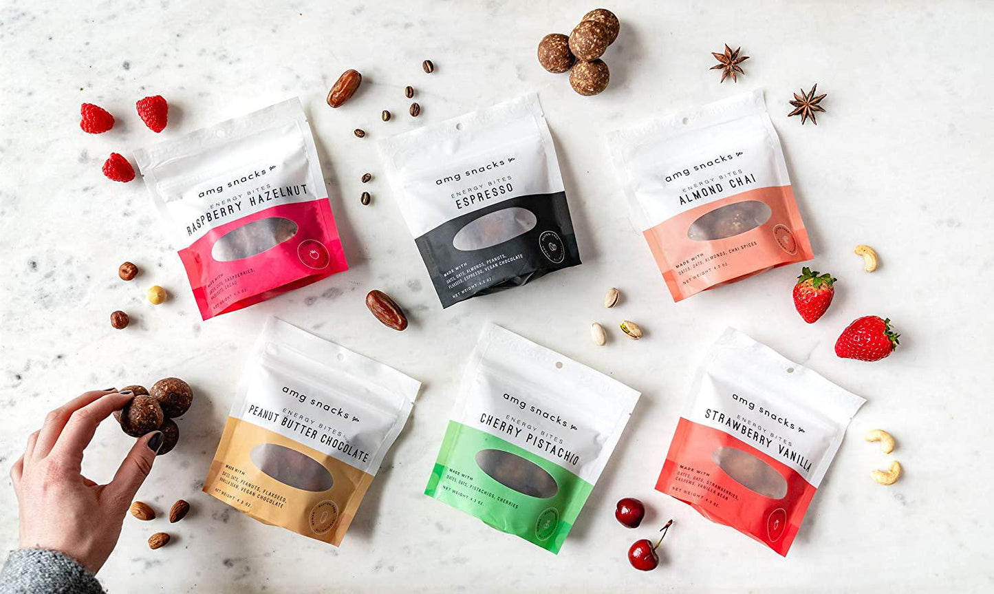 AMG Snacks Chocolate Raspberry Energy Bites | 4.3 oz, Pack of 3 (18 Bites Total) | Date and Nut Energy Snacks Protein Bars | Non GMO, Gluten Free, Vegan Protein Bites | Made w/ All Natural Ingredients