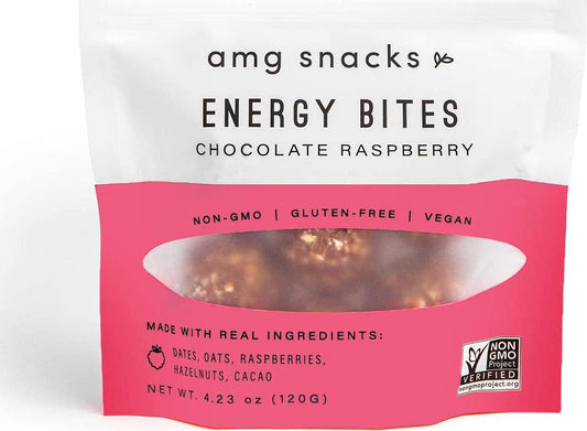 AMG Snacks Chocolate Raspberry Energy Bites | 4.3 oz, Pack of 3 (18 Bites Total) | Date and Nut Energy Snacks Protein Bars | Non GMO, Gluten Free, Vegan Protein Bites | Made w/ All Natural Ingredients