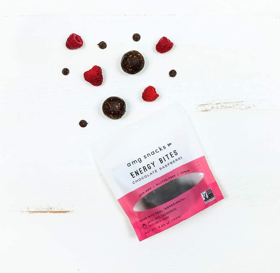 AMG Snacks Chocolate Raspberry Energy Bites | 4.3 oz, Pack of 3 (18 Bites Total) | Date and Nut Energy Snacks Protein Bars | Non GMO, Gluten Free, Vegan Protein Bites | Made w/ All Natural Ingredients