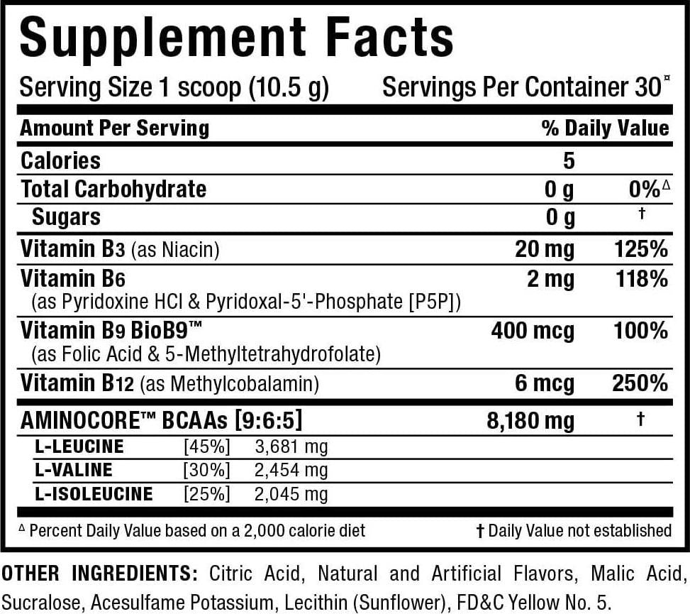 AMINOCORE BCAA 8G BCAAs 100% Pure Branch Chained Amino Acids Gluten Free - Pineapple Mango - 315 Gram