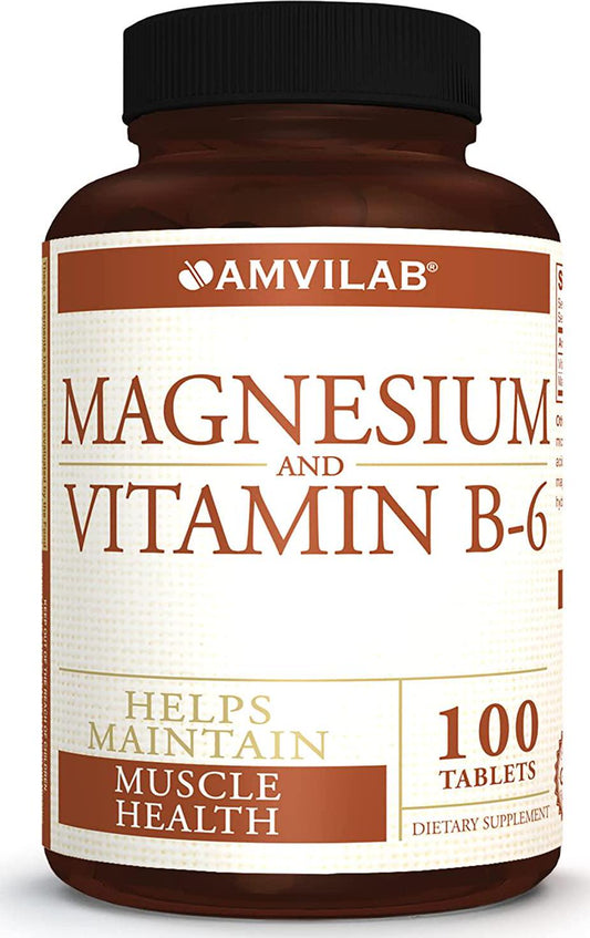 AMVILAB Magnesium and Vitamin B6-Promotes Bone Mineralization, Helps to Support Nerve and Muscle Function. Excellent for Men and Women, 100 Tablets per Bottle