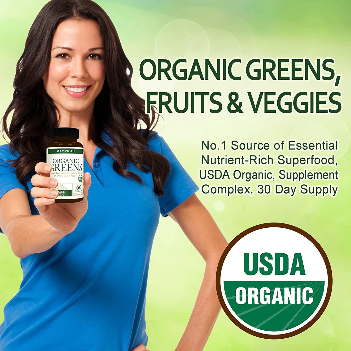 AMVILAB Organic Greens, Fruits and Veggies Best Supplement to Boost Energy, Detox, Enhance Health. USDA Organic, Gluten Free, Vegan, Non-GMO, No. 1 Source of Essential Nutrient-Rich Super-Food 60 Count