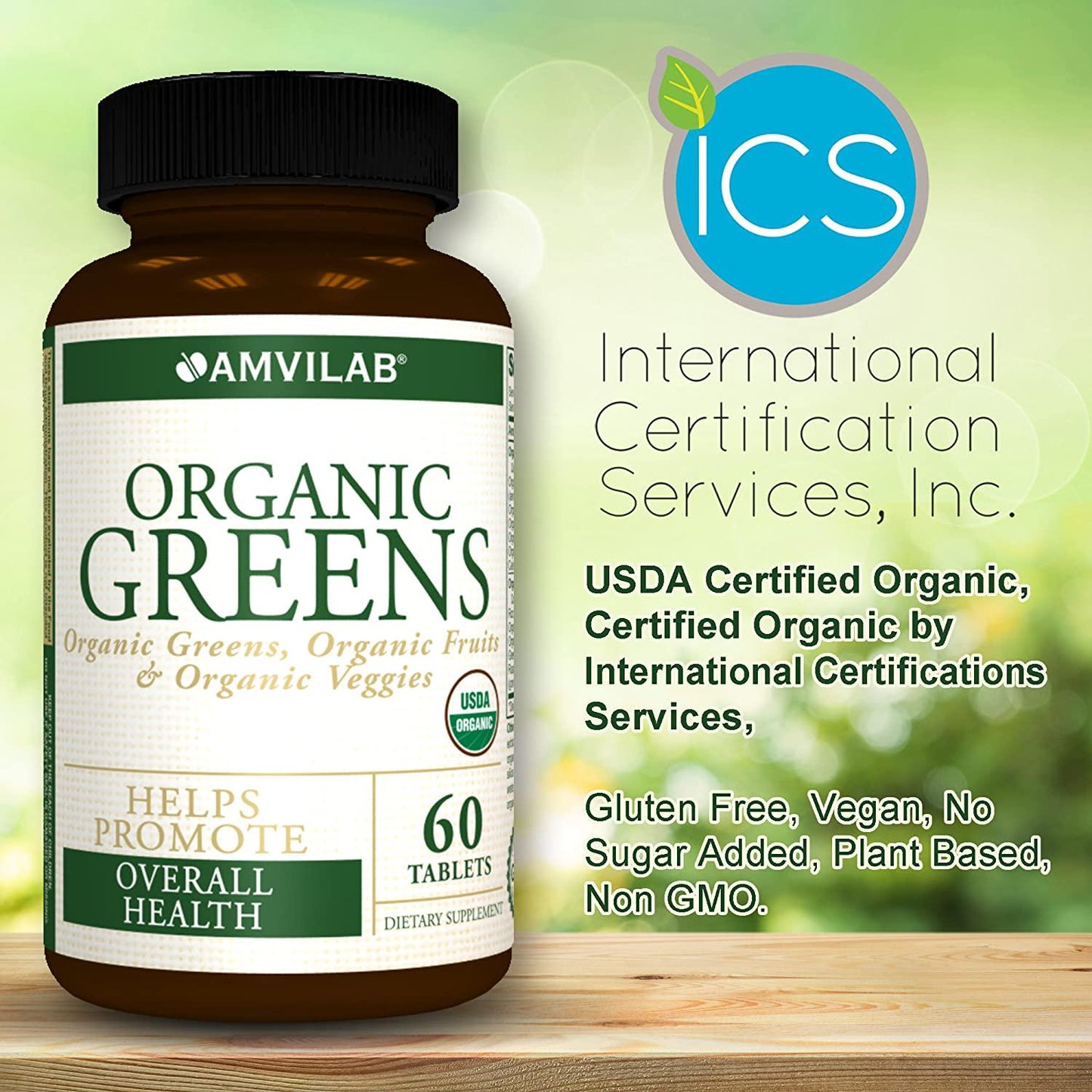 AMVILAB Organic Greens, Fruits and Veggies Best Supplement to Boost Energy, Detox, Enhance Health. USDA Organic, Gluten Free, Vegan, Non-GMO, No. 1 Source of Essential Nutrient-Rich Super-Food 60 Count