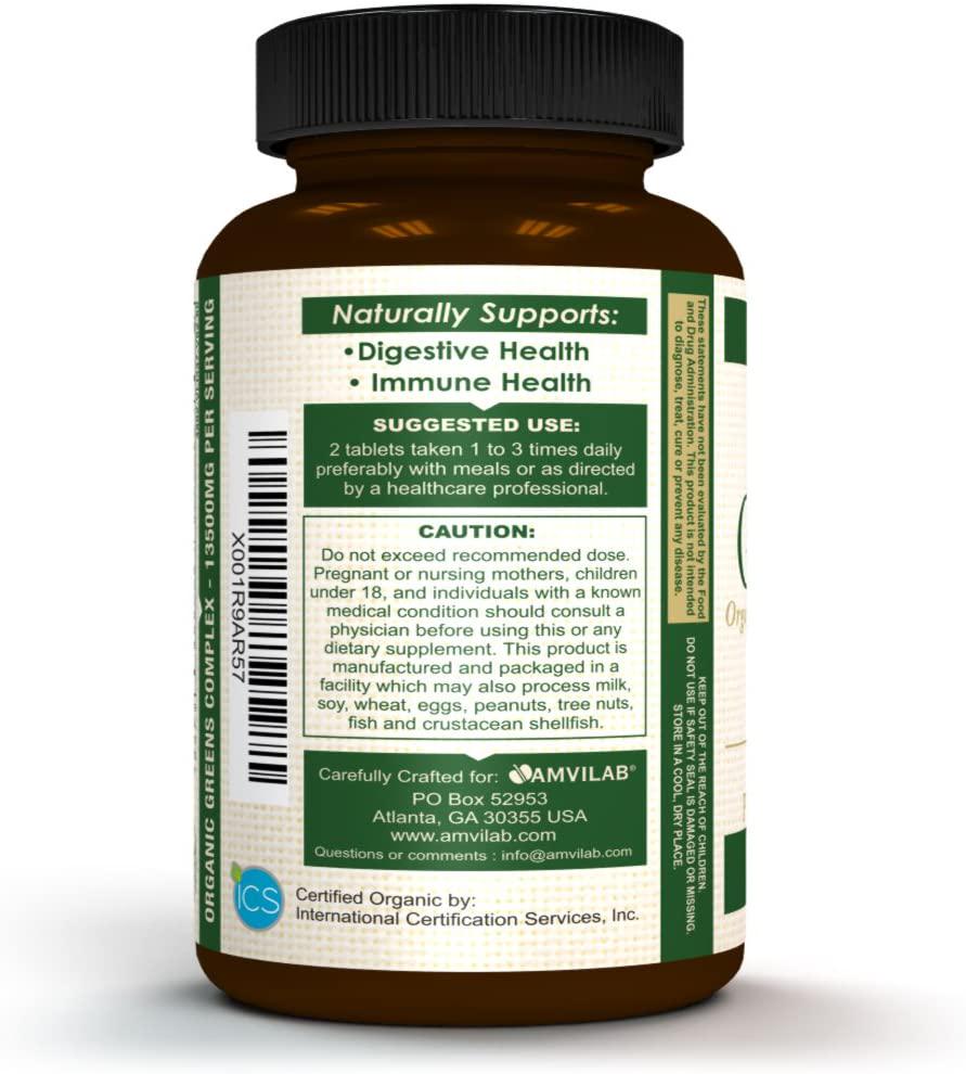 AMVILAB Organic Greens, Fruits and Veggies Best Supplement to Boost Energy, Detox, Enhance Health. USDA Organic, Gluten Free, Vegan, Non-GMO, No. 1 Source of Essential Nutrient-Rich Super-Food 60 Count
