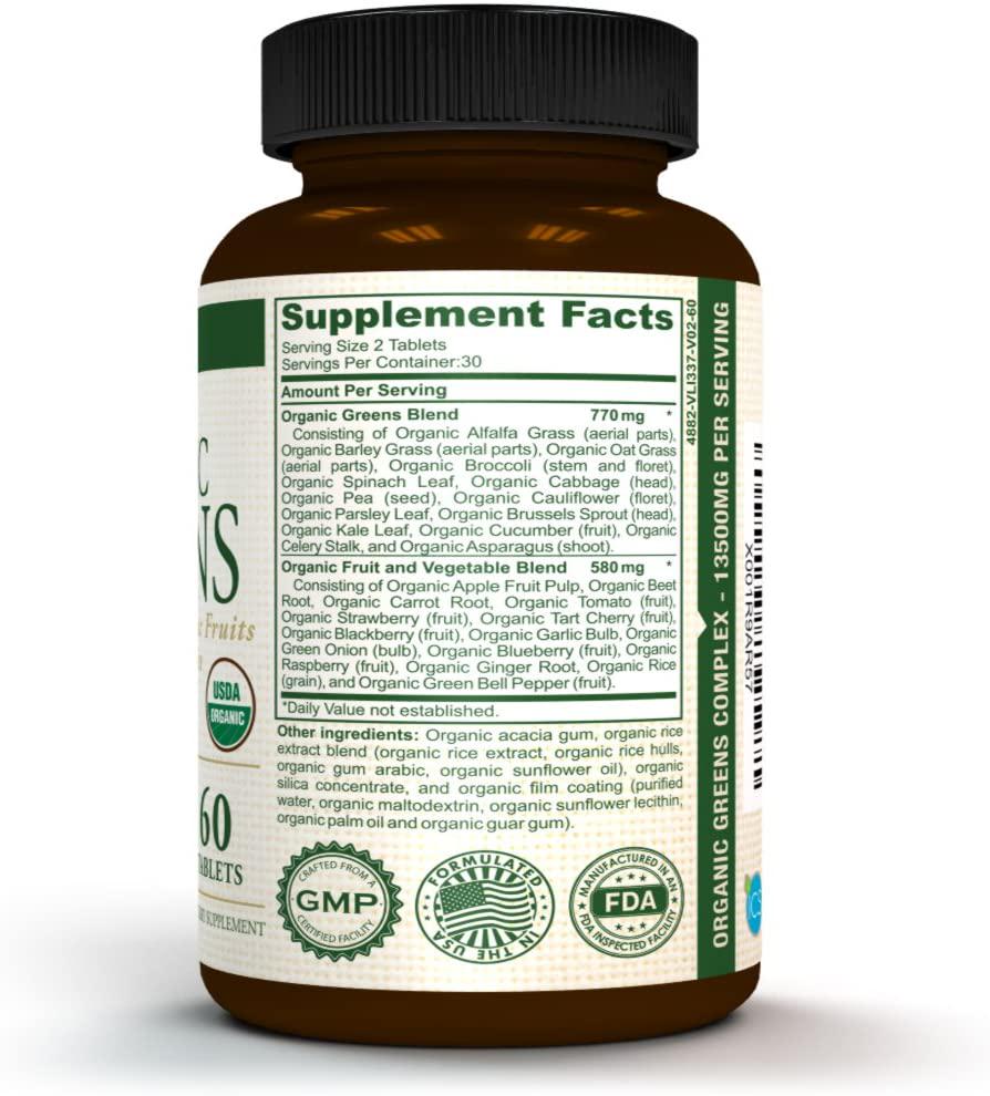 AMVILAB Organic Greens, Fruits and Veggies Best Supplement to Boost Energy, Detox, Enhance Health. USDA Organic, Gluten Free, Vegan, Non-GMO, No. 1 Source of Essential Nutrient-Rich Super-Food 60 Count