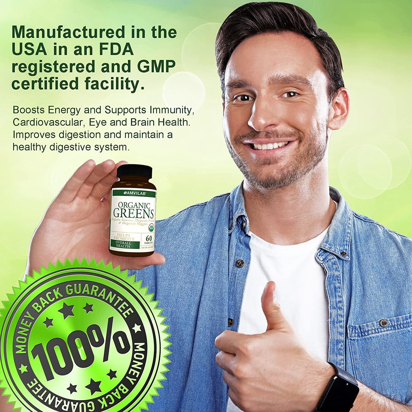 AMVILAB Organic Greens, Fruits and Veggies Best Supplement to Boost Energy, Detox, Enhance Health. USDA Organic, Gluten Free, Vegan, Non-GMO, No. 1 Source of Essential Nutrient-Rich Super-Food 60 Count