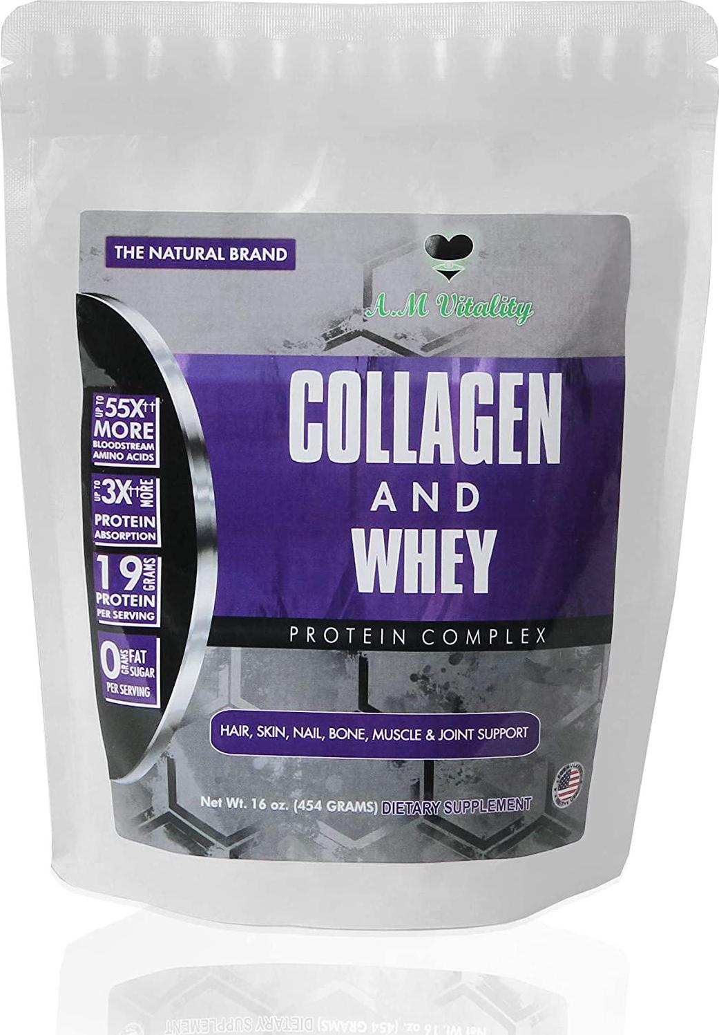 AM Vitality Collagen and Whey Protein Powder Complex Health Supplement - Vanilla Flavor - 16oz (21 Servings)