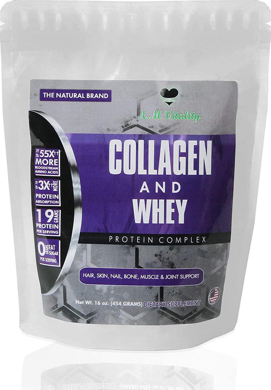 AM Vitality Collagen and Whey Protein Powder Complex Health Supplement - Vanilla Flavor - 16oz (21 Servings)