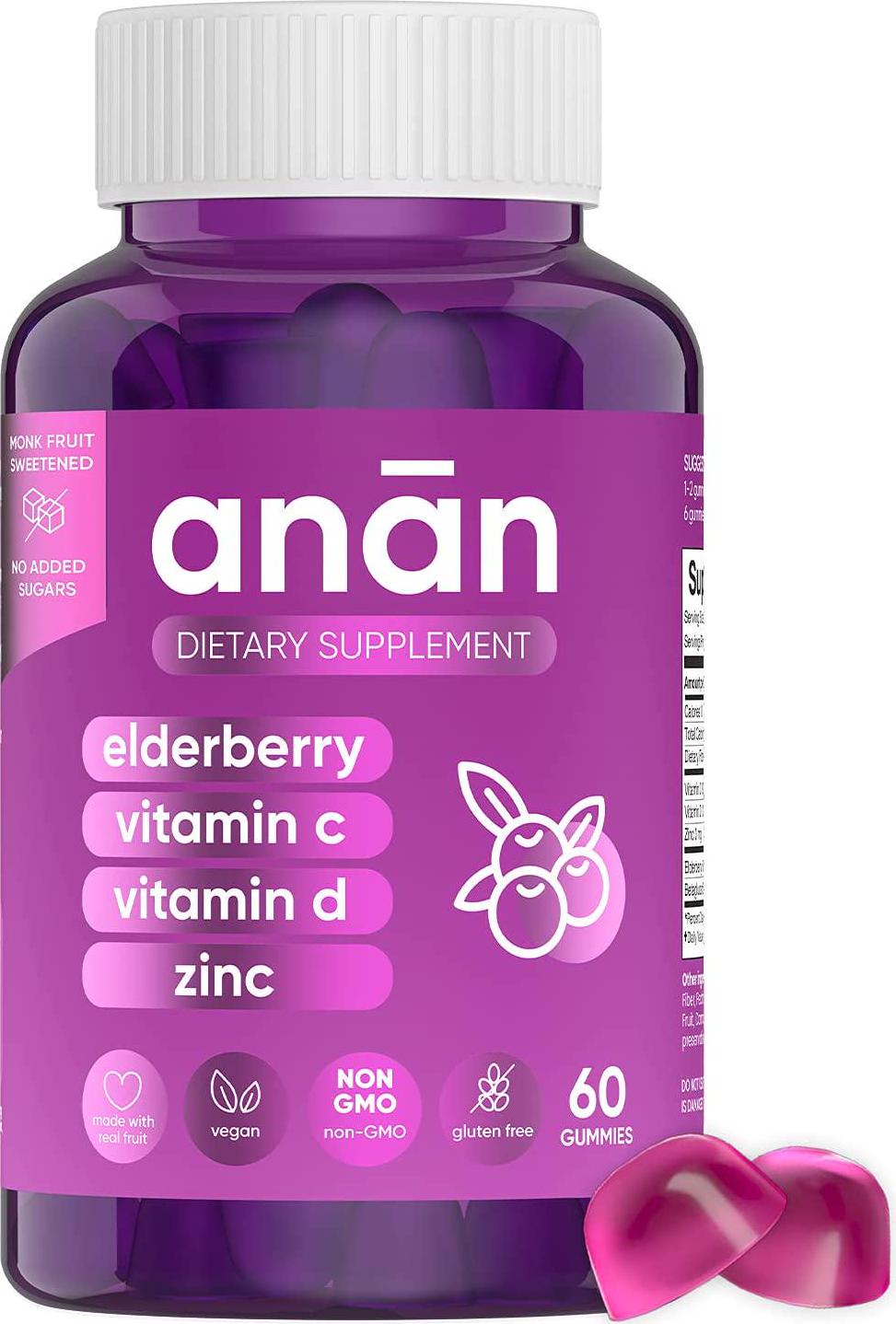 ANAN Elderberry | Sugar Free Gummies with Vitamin C, Vitamin D, Vitamin E and Zinc - Immunity and Beauty - (1 Bottle, 60 Gummies, Monk Fruit Sweetened, Vegan, Gluten Free and Delicious)