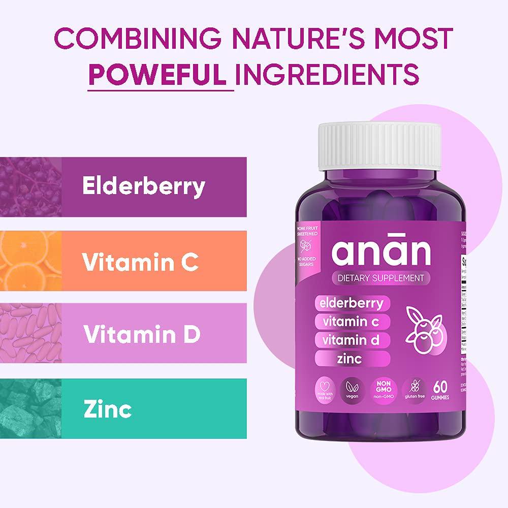 ANAN Elderberry | Sugar Free Gummies with Vitamin C, Vitamin D, Vitamin E and Zinc - Immunity and Beauty - (1 Bottle, 60 Gummies, Monk Fruit Sweetened, Vegan, Gluten Free and Delicious)