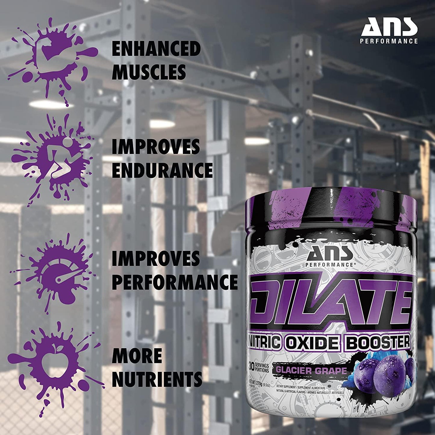 ANS Performance Dilate Pump PreWorkout Powder - Dietary Supplement - Maximizes Muscle Growth, Strength Performance - No Stims, Beta-Alanine, Creatine, Glacier Grape - 30 Servings (Glacier Grape)