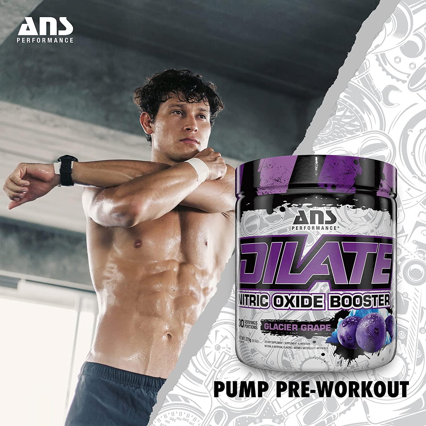 ANS Performance Dilate Pump PreWorkout Powder - Dietary Supplement - Maximizes Muscle Growth, Strength Performance - No Stims, Beta-Alanine, Creatine, Glacier Grape - 30 Servings (Glacier Grape)