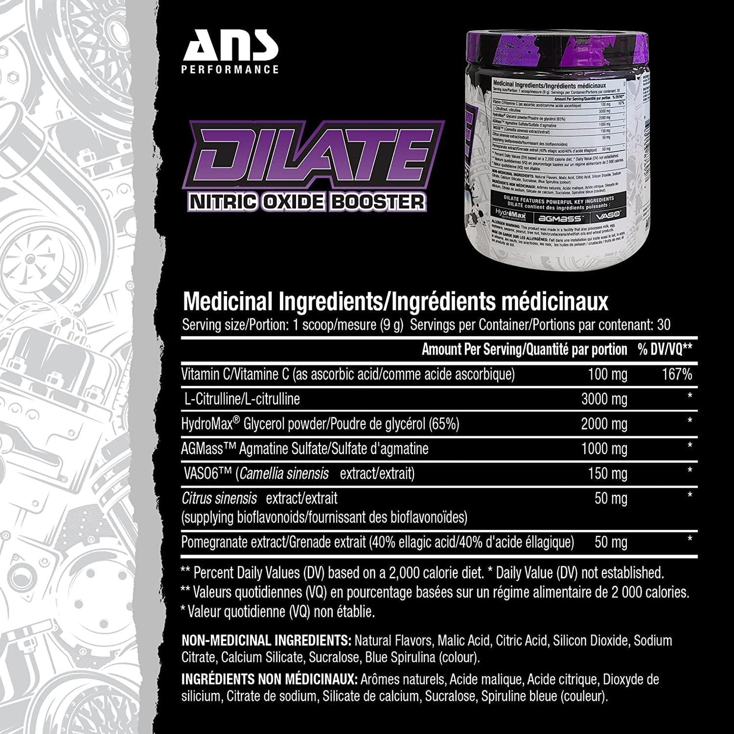 ANS Performance Dilate Pump PreWorkout Powder - Dietary Supplement - Maximizes Muscle Growth, Strength Performance - No Stims, Beta-Alanine, Creatine, Glacier Grape - 30 Servings (Glacier Grape)