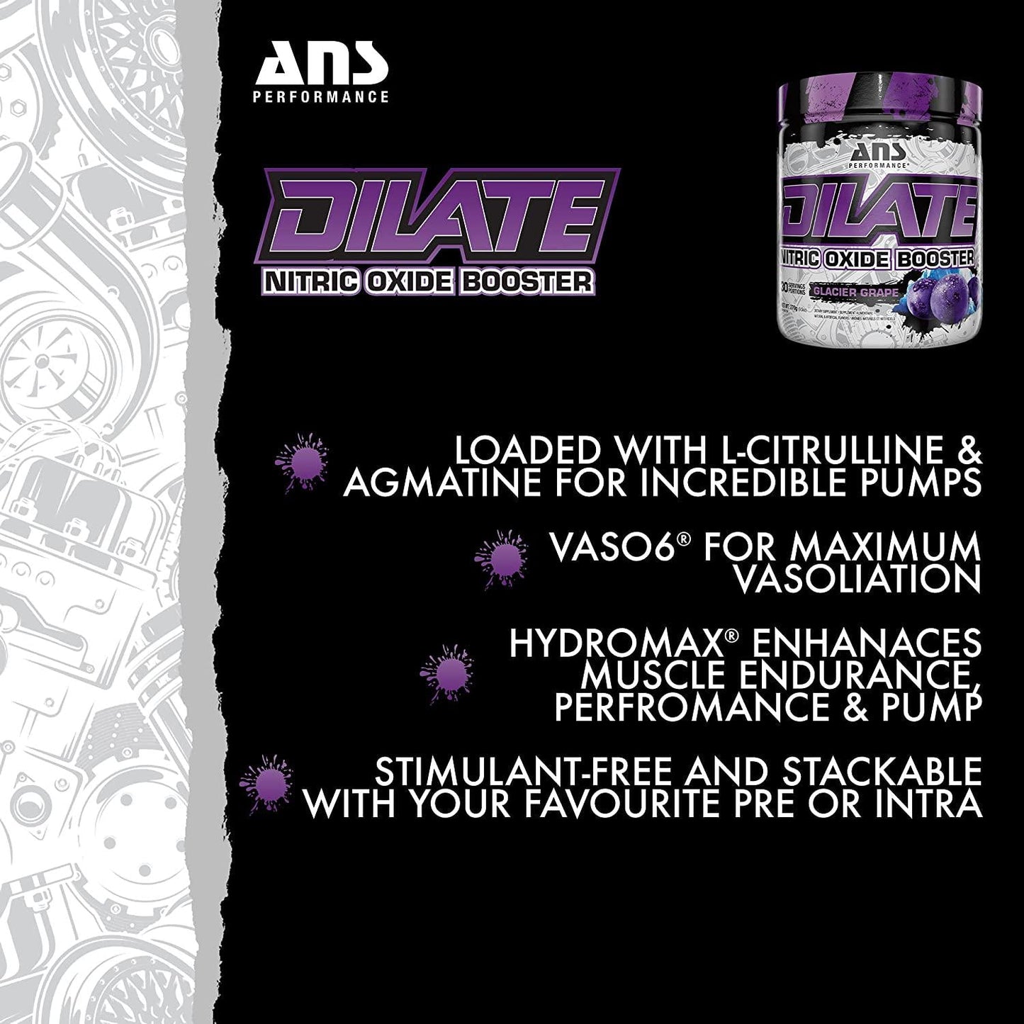 ANS Performance Dilate Pump PreWorkout Powder - Dietary Supplement - Maximizes Muscle Growth, Strength Performance - No Stims, Beta-Alanine, Creatine, Glacier Grape - 30 Servings (Glacier Grape)
