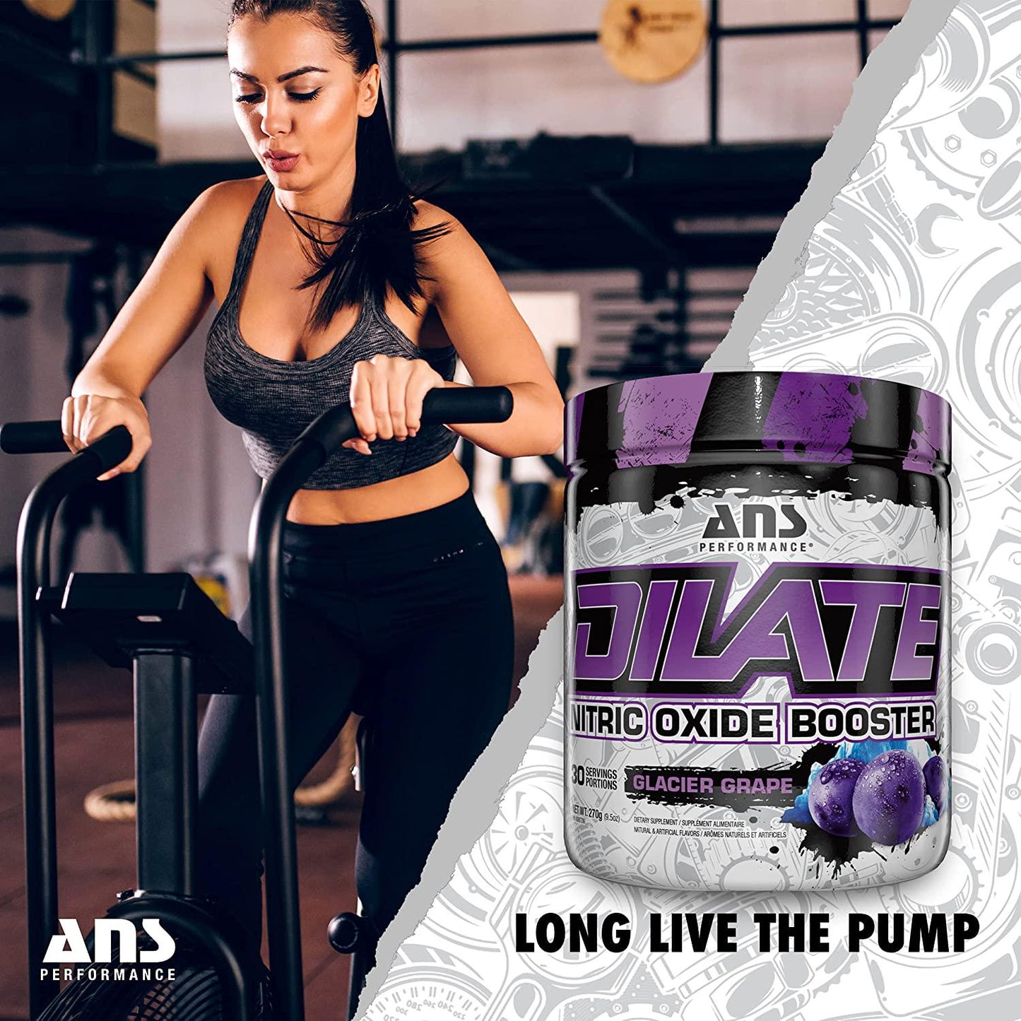 ANS Performance Dilate Pump PreWorkout Powder - Dietary Supplement - Maximizes Muscle Growth, Strength Performance - No Stims, Beta-Alanine, Creatine, Glacier Grape - 30 Servings (Glacier Grape)