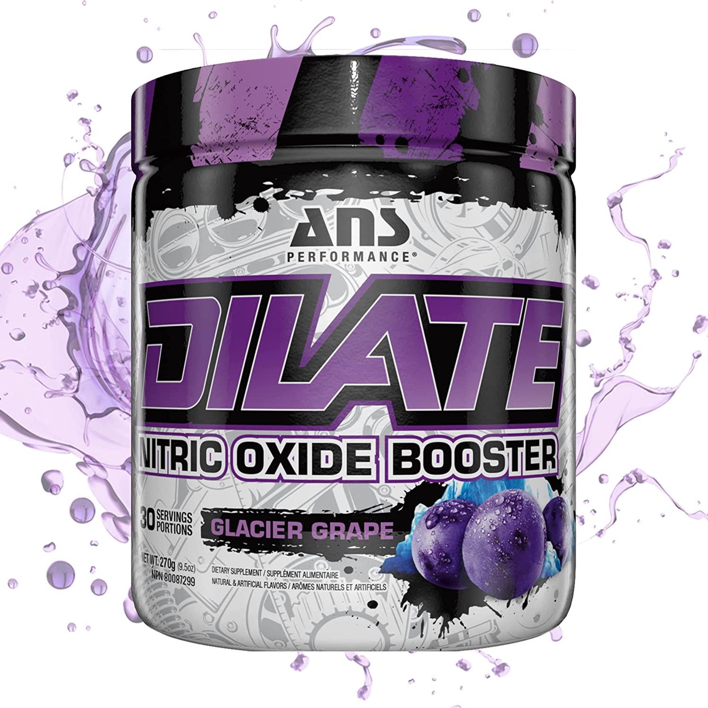 ANS Performance Dilate Pump PreWorkout Powder - Dietary Supplement - Maximizes Muscle Growth, Strength Performance - No Stims, Beta-Alanine, Creatine, Glacier Grape - 30 Servings (Glacier Grape)