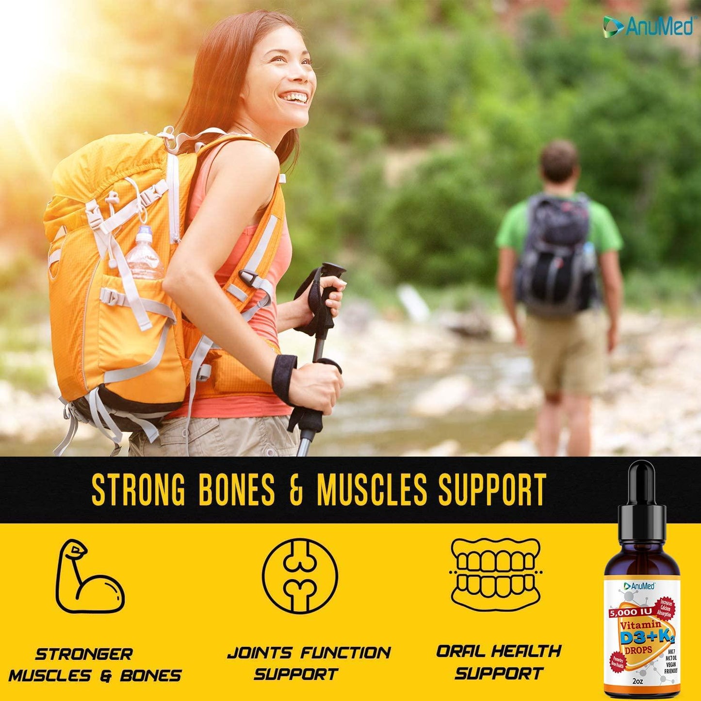 ANUMED Vitamin D3 + K2 5,000 IU Liquid Drops + Organic MCT Oil, Vitamin A (Retinol) 1250mcg, K2 (MK4,MK7). Promotes Heart, Bones, Immune System. 100% Vegan, Non-GMO, Gluten-Free, No Sugar Added (2oz)