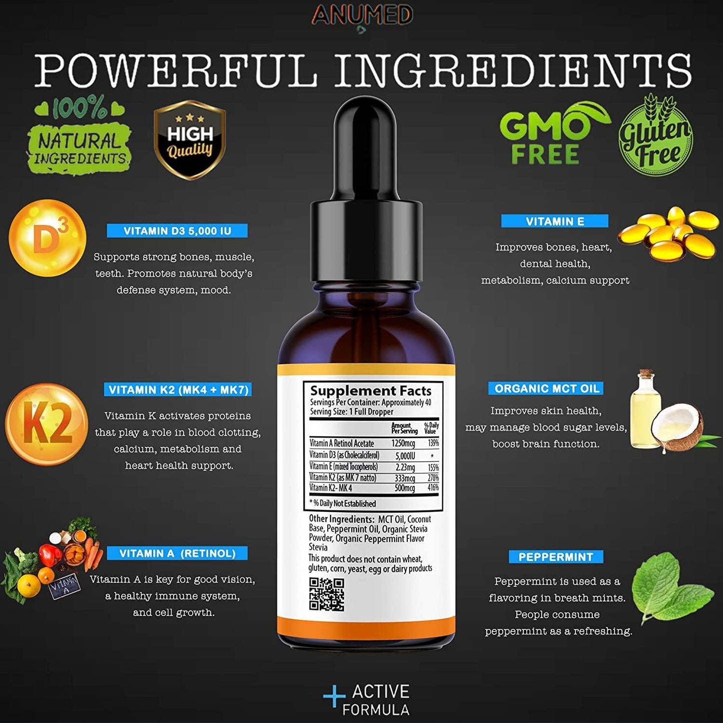 ANUMED Vitamin D3 + K2 5,000 IU Liquid Drops + Organic MCT Oil, Vitamin A (Retinol) 1250mcg, K2 (MK4,MK7). Promotes Heart, Bones, Immune System. 100% Vegan, Non-GMO, Gluten-Free, No Sugar Added (2oz)