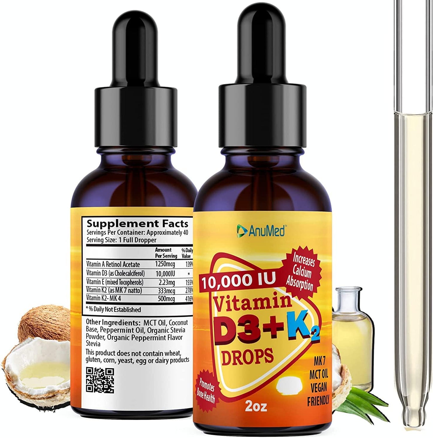 ANUMED Vitamin D3 + K2 10,000 IU Liquid Drops + Organic MCT Oil, Vitamin A (Retinol) 1250mcg, K2 (MK4,MK7) Promotes Heart, Bones, Immune System. 100% Vegan, Non-GMO, Gluten-Free, No Sugar Added (2oz)