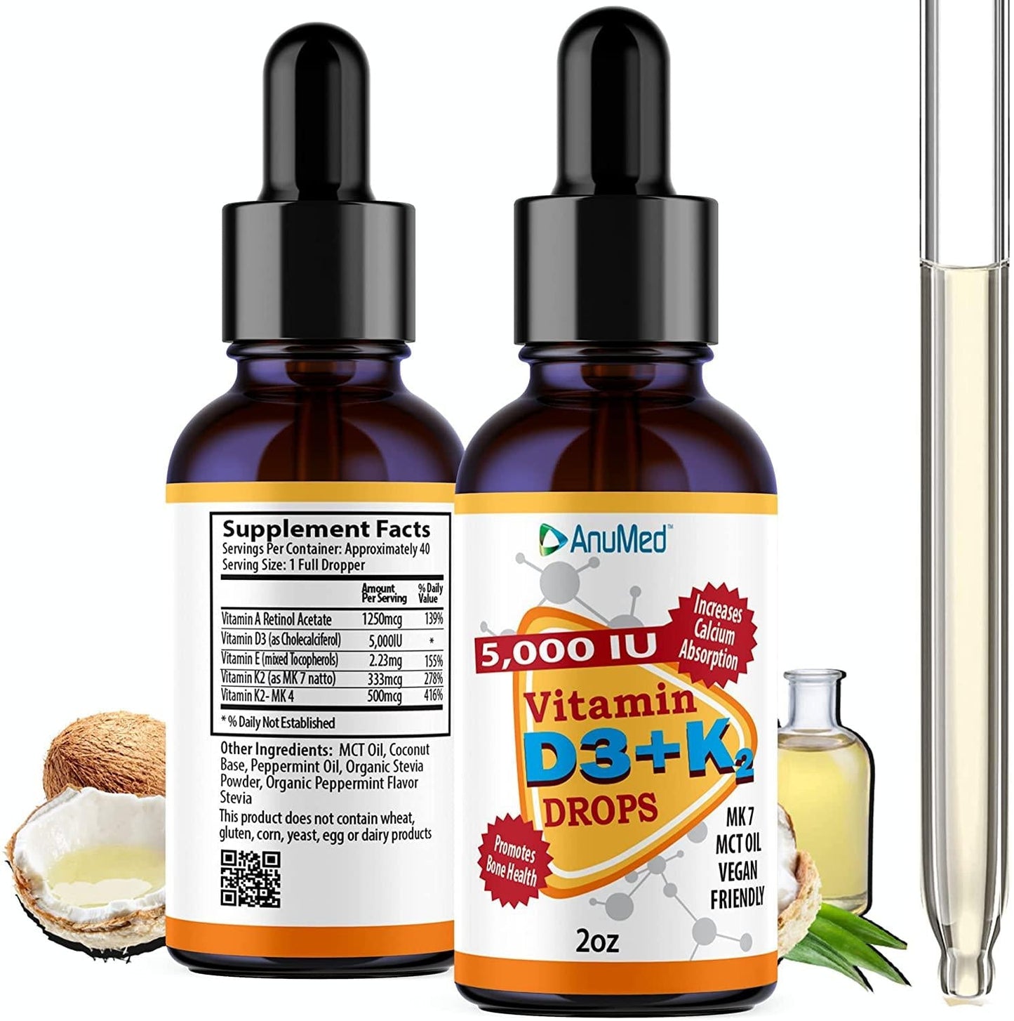 ANUMED Vitamin D3 + K2 5,000 IU Liquid Drops + Organic MCT Oil, Vitamin A (Retinol) 1250mcg, K2 (MK4,MK7). Promotes Heart, Bones, Immune System. 100% Vegan, Non-GMO, Gluten-Free, No Sugar Added (2oz)