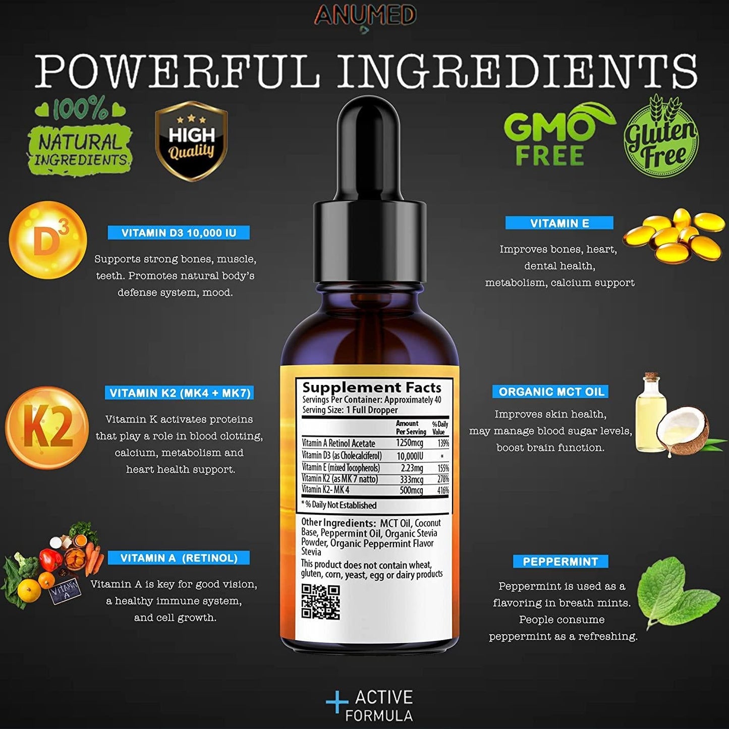 ANUMED Vitamin D3 + K2 10,000 IU Liquid Drops + Organic MCT Oil, Vitamin A (Retinol) 1250mcg, K2 (MK4,MK7) Promotes Heart, Bones, Immune System. 100% Vegan, Non-GMO, Gluten-Free, No Sugar Added (2oz)