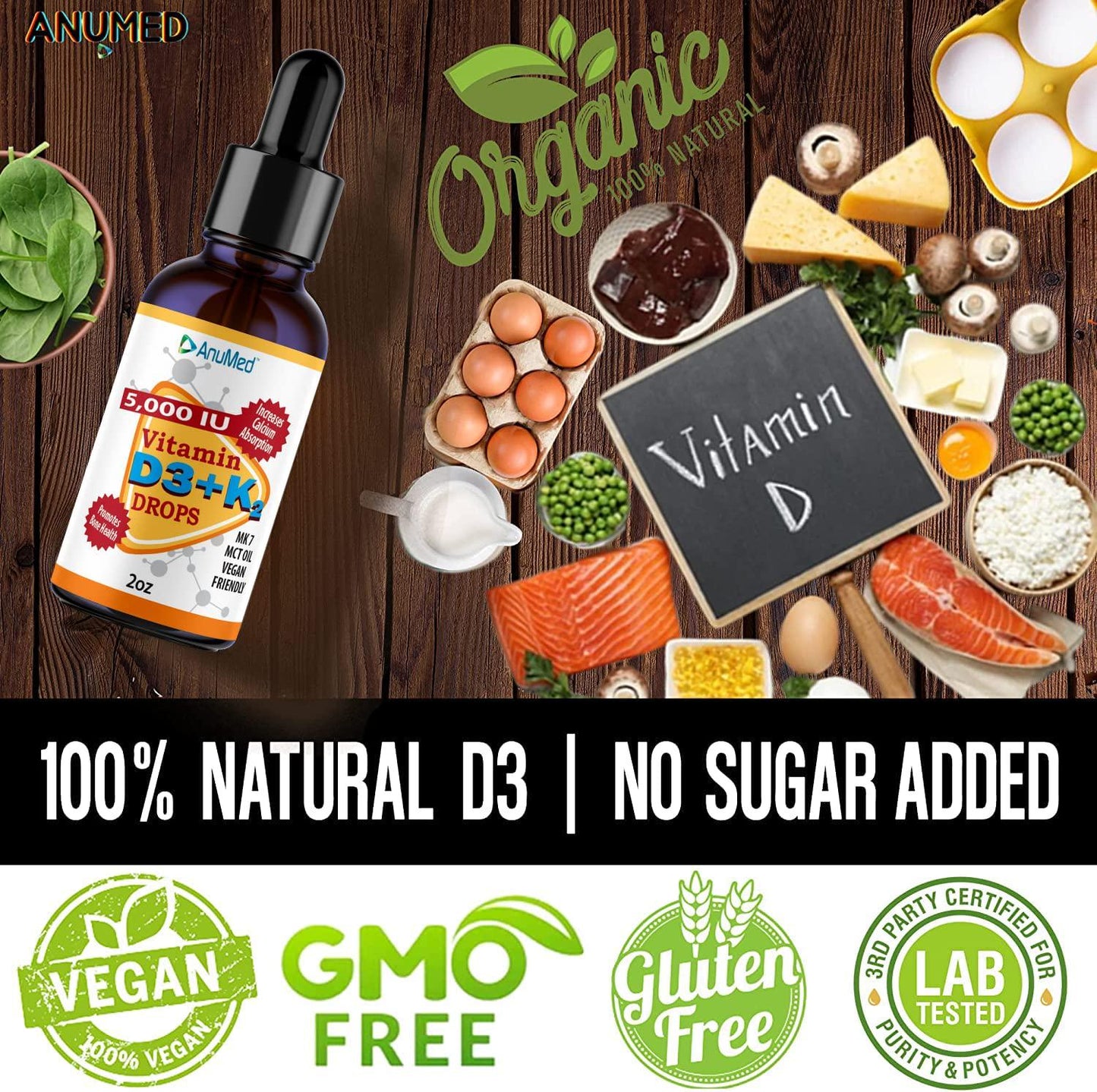 ANUMED Vitamin D3 + K2 5,000 IU Liquid Drops + Organic MCT Oil, Vitamin A (Retinol) 1250mcg, K2 (MK4,MK7). Promotes Heart, Bones, Immune System. 100% Vegan, Non-GMO, Gluten-Free, No Sugar Added (2oz)