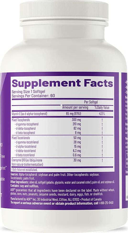 AOR, Total E, Tocopherols, tocotrienols and CoQ10, Helps Support Healthy Blood Pressure and Cholesterol, Dietary Supplement, 60 Servings (60 Softgels)