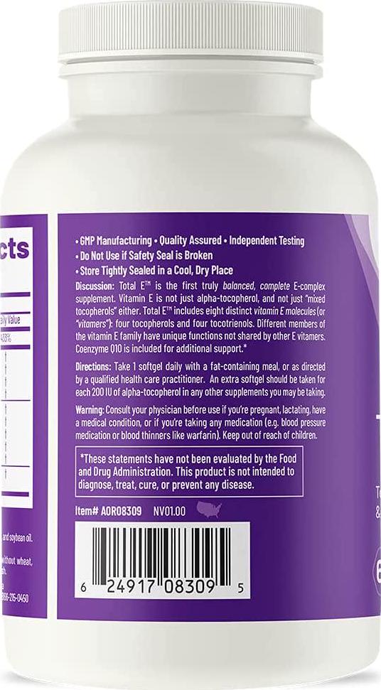 AOR, Total E, Tocopherols, tocotrienols and CoQ10, Helps Support Healthy Blood Pressure and Cholesterol, Dietary Supplement, 60 Servings (60 Softgels)