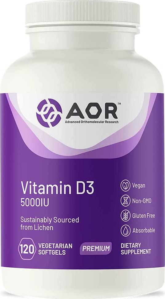 AOR, Vitamin D3 5000 IU, Vegan, Supports The Immune System and Mood Balance, Ensures Proper Calcium Absorption, 120 Servings (120 Softgels)