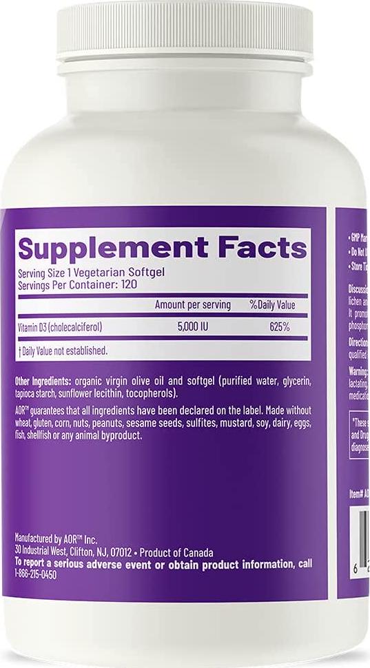 AOR, Vitamin D3 5000 IU, Vegan, Supports The Immune System and Mood Balance, Ensures Proper Calcium Absorption, 120 Servings (120 Softgels)