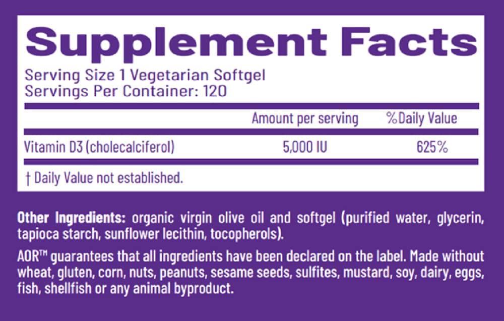 AOR, Vitamin D3 5000 IU, Vegan, Supports The Immune System and Mood Balance, Ensures Proper Calcium Absorption, 120 Servings (120 Softgels)
