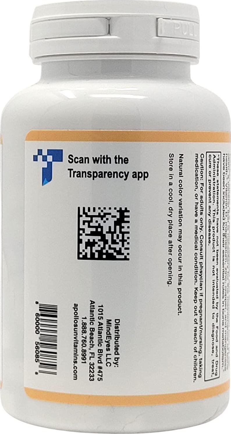 APOLLO SUN Calcium Citrate with Vitamin D - Vegan 600 mg Calcium Supplement with Vitamin D2, Magnesium, Zinc, Copper, and Manganese for Teeth and Bone Strength (100 Tablets)