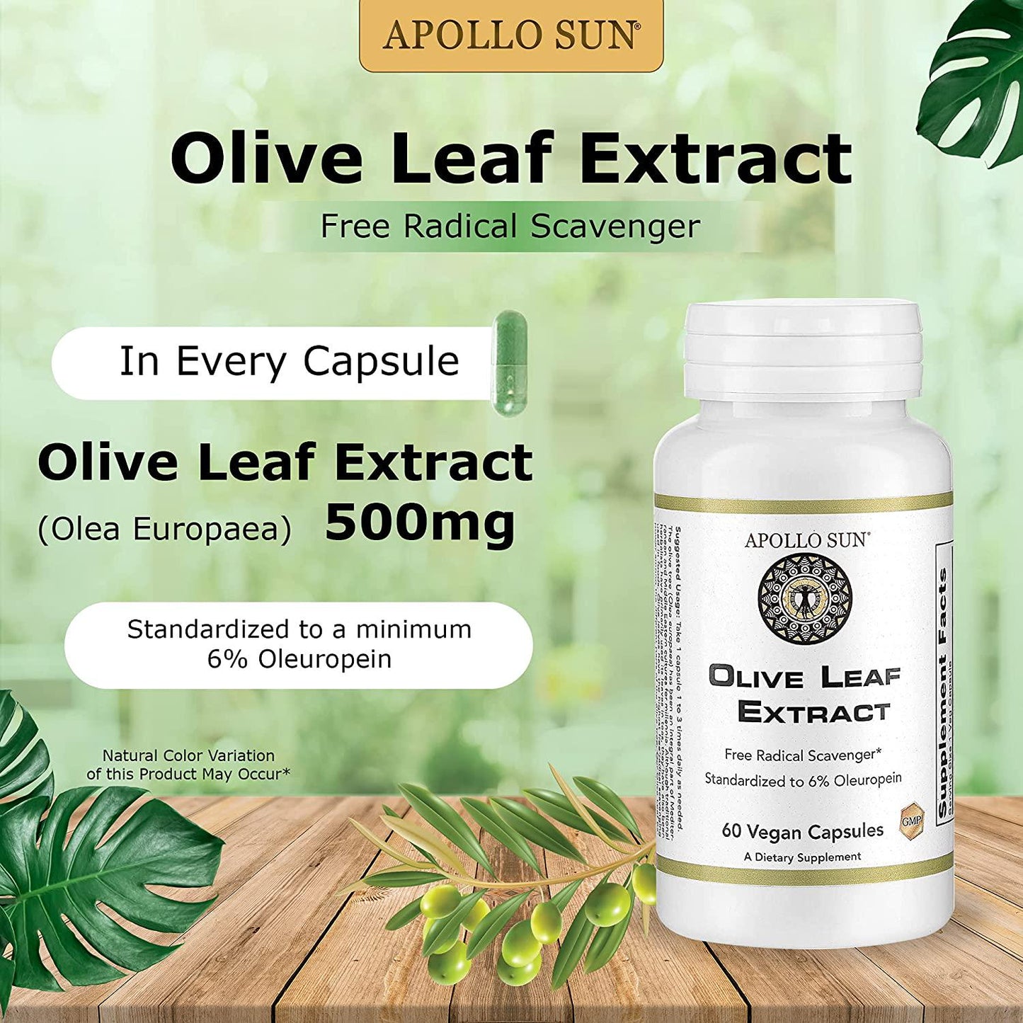 APOLLO SUN Olive Leaf Extract Capsules 500mg | Vegan Olive Leaf Extract Super Strength | 6% Oleuropein | Immunity Support, Cardiovascular Health and Blood Pressure Supplement | 60 Veg Capsules