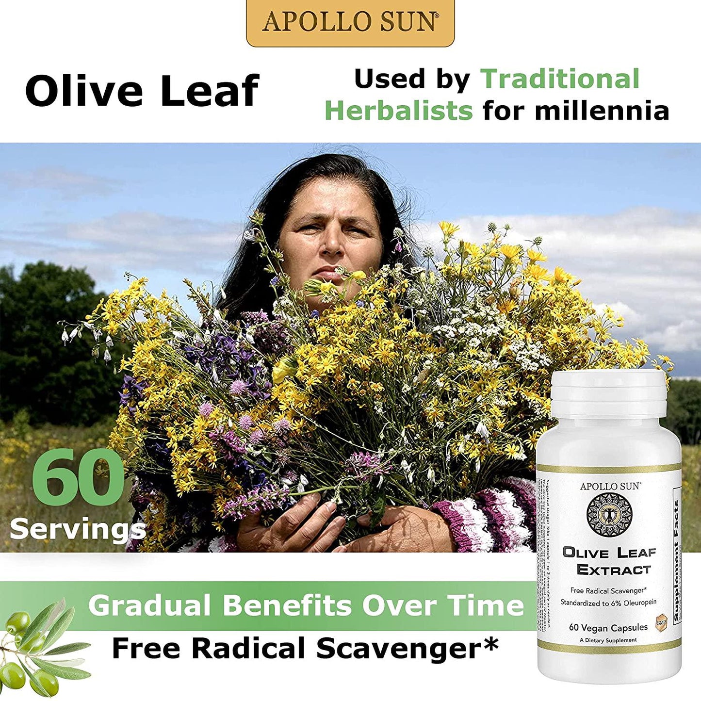 APOLLO SUN Olive Leaf Extract Capsules 500mg | Vegan Olive Leaf Extract Super Strength | 6% Oleuropein | Immunity Support, Cardiovascular Health and Blood Pressure Supplement | 60 Veg Capsules