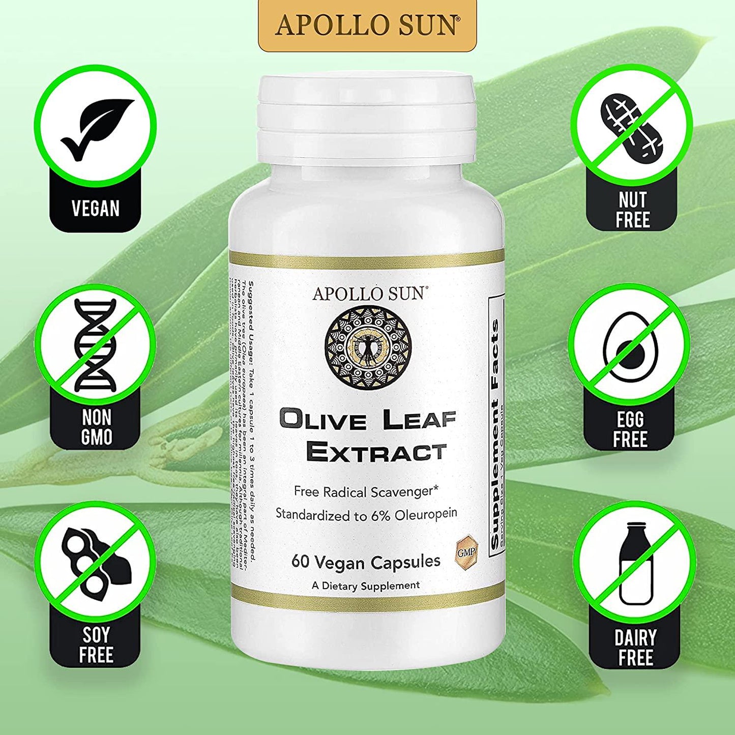 APOLLO SUN Olive Leaf Extract Capsules 500mg | Vegan Olive Leaf Extract Super Strength | 6% Oleuropein | Immunity Support, Cardiovascular Health and Blood Pressure Supplement | 60 Veg Capsules