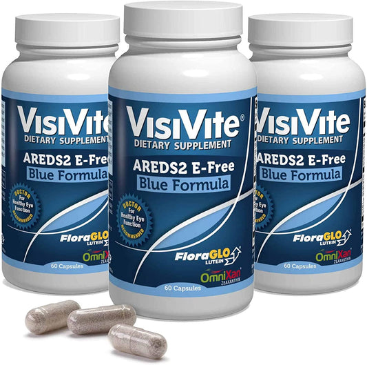 AREDS 2 E-Free Blue Max Vision Vitamins - Without Vitamin E - Eye Vitamins for Macular Degeneration - Zeaxanthin Plus Lutein - Bilberry and Grape Seed Extract - Macular Health Formula - Pack of 3