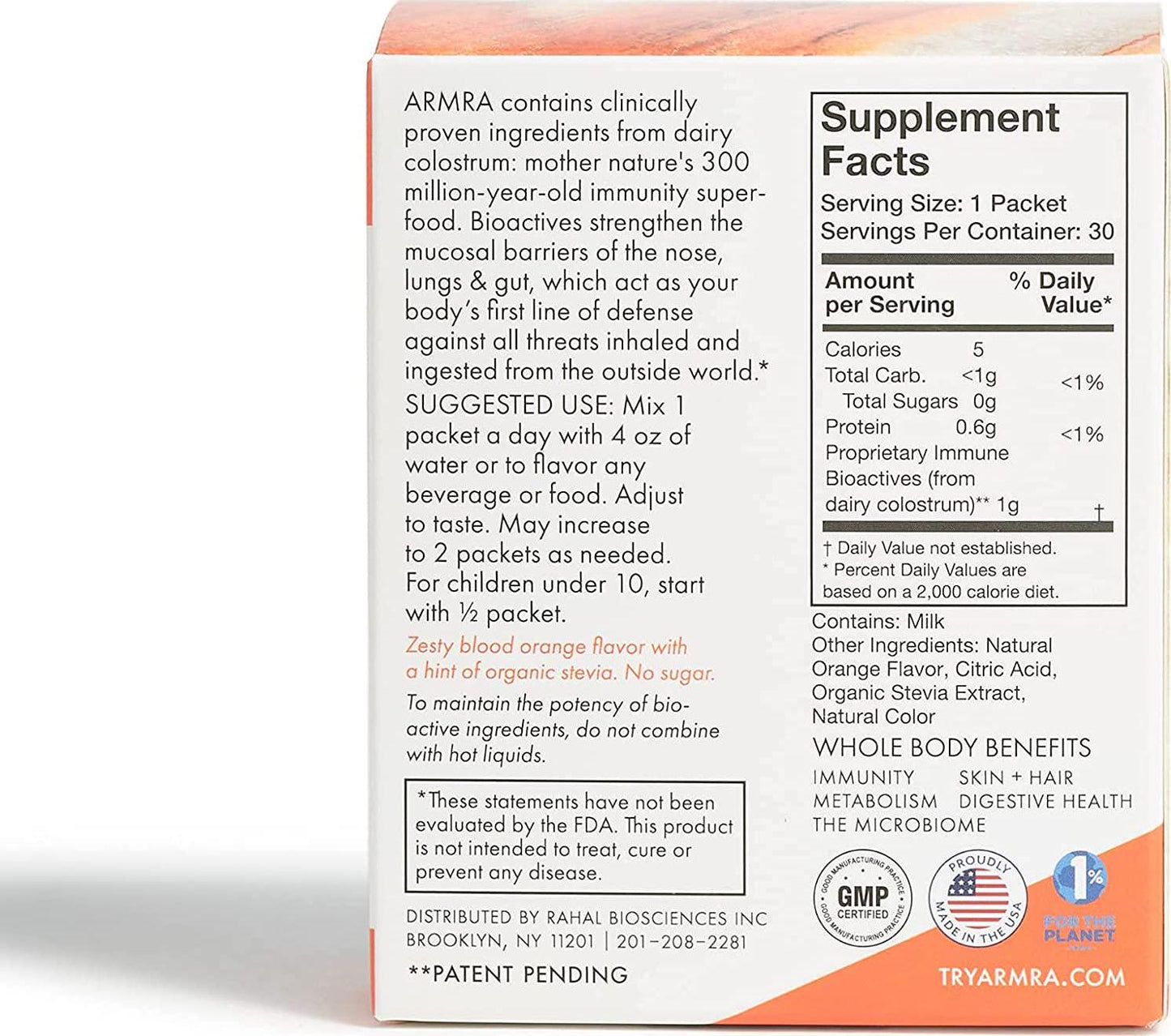 ARMRA Orange Nature's Complete Immune Superfood Powered by Bovine Colostrum | 30 Packets | Promotes Immune, Gut, Metabolic Health | Rich in Nutrients | No Additives, Non-GMO, Gluten Free