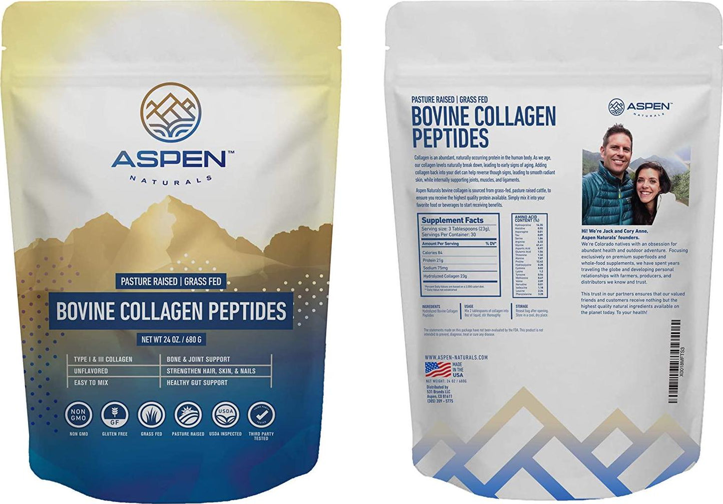ASPEN NATURALS Grass Fed Bovine Collagen Peptides Powder - USA Sourced from USDA Inspected Cattle, Gluten Free, Paleo Friendly, Water Soluble, Flavorless, Easily Mixes into Liquids - 5LB