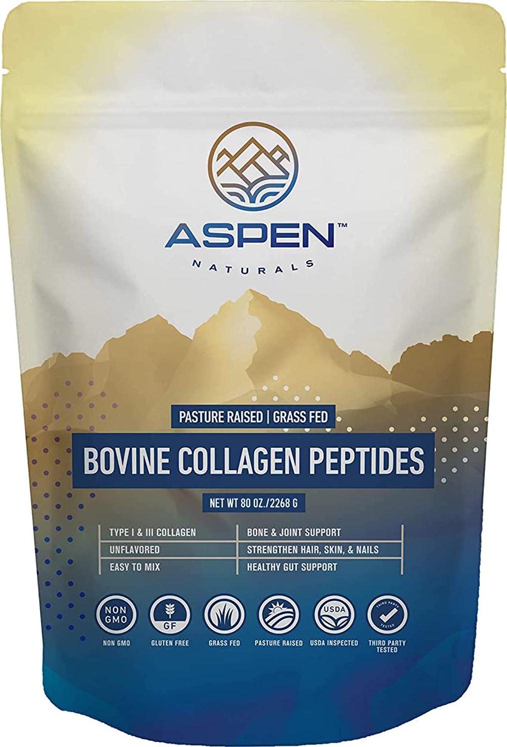 ASPEN NATURALS Grass Fed Bovine Collagen Peptides Powder - USA Sourced from USDA Inspected Cattle, Gluten Free, Paleo Friendly, Water Soluble, Flavorless, Easily Mixes into Liquids - 5LB