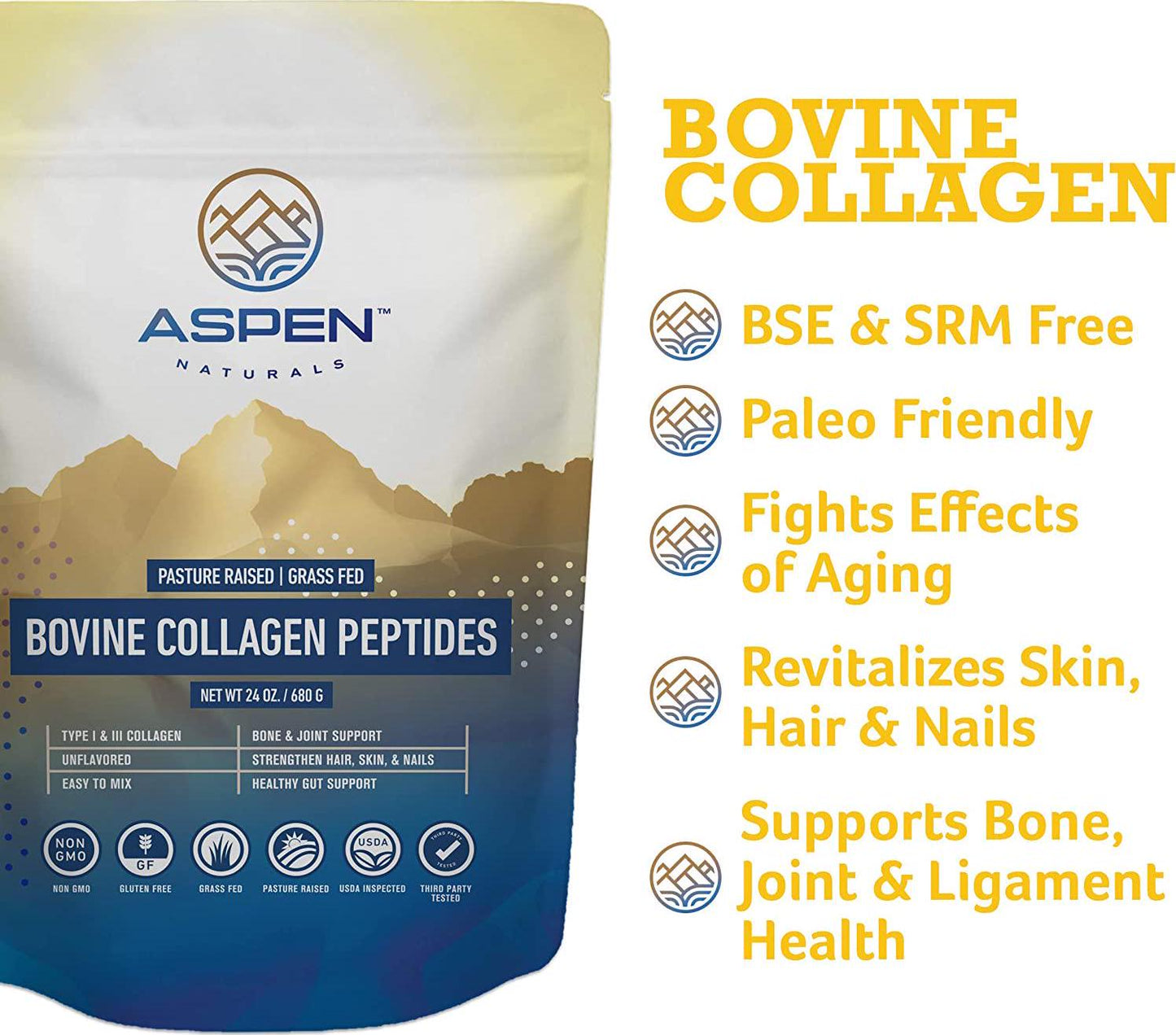 ASPEN NATURALS Grass Fed Bovine Collagen Peptides Powder - USA Sourced from USDA Inspected Cattle, Gluten Free, Paleo Friendly, Water Soluble, Flavorless, Easily Mixes into Liquids - 5LB