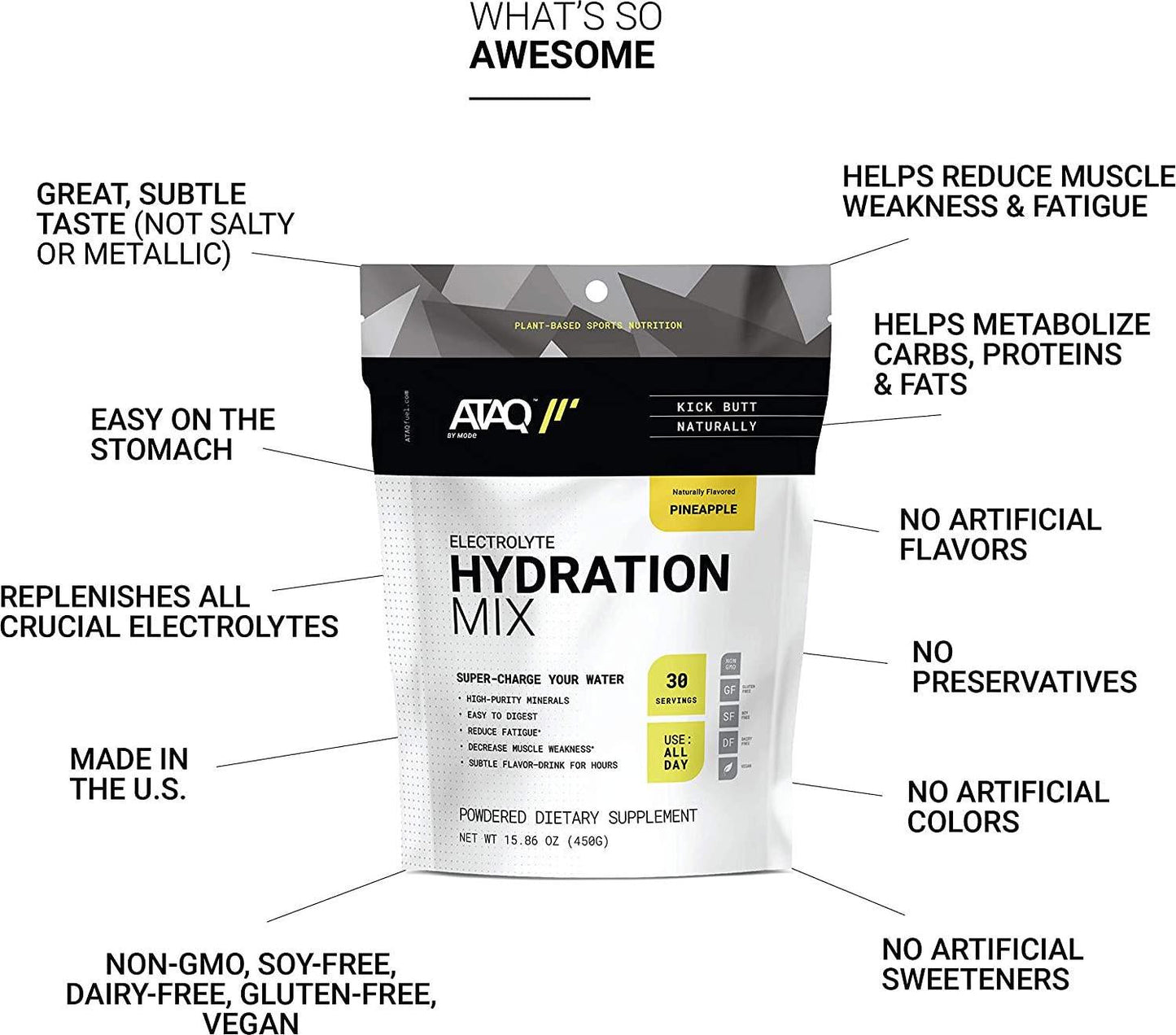 ATAQ All-Natural Electrolyte Hydration Mix, Pineapple, Hydra 4G Mineral Blend, Betaine to Aid Metabolism, No Artificial Sweeteners, Gluten-Free, 450g Pouch, 30 Servings