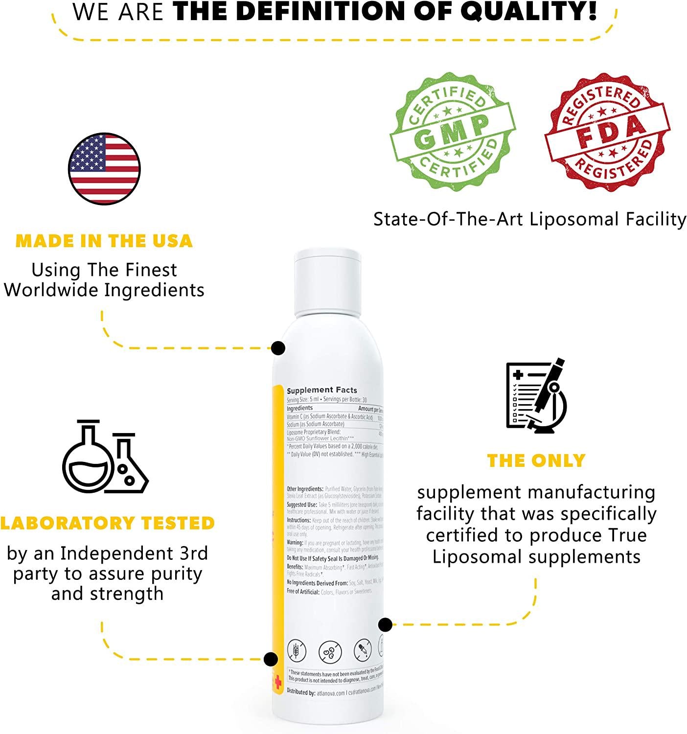 ATLANOVA Liposomal Vitamin C 1000mg Liquid Superior Absorption Formula, Natural and Vegan Dietary Supplement, Dr. Formulated, Sodium Ascorbate, Collagen Boost and Immune Support 5 oz. 30 Day Supply