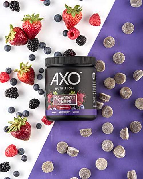 AXO Nutrition Pre-Workout Energy Gummies Caffeine, Beta-Alanine, B12, and Chromium Picolinate Non-GMO, All Natural, Gluten Free Mixed Berry Flavor 14 Servings -1 Count