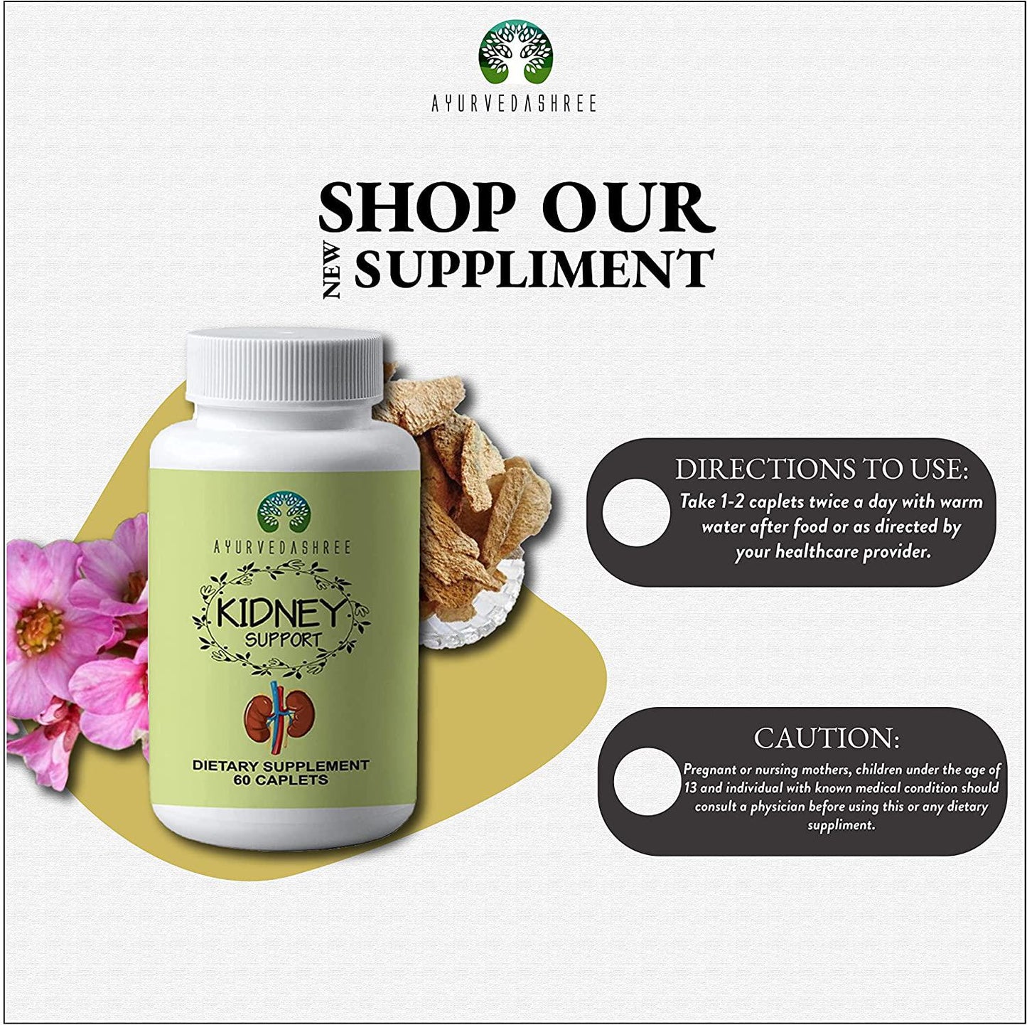 AYURVEDASHREE Kidney Support Herbal Supplement - Detoxify and Rejuvenate, Supports Healthy Kidney Function, Vegan, Gluten-Free, Kosher, GMP Certified, USDA Organic Certified - Each Caplet of 1000 MG